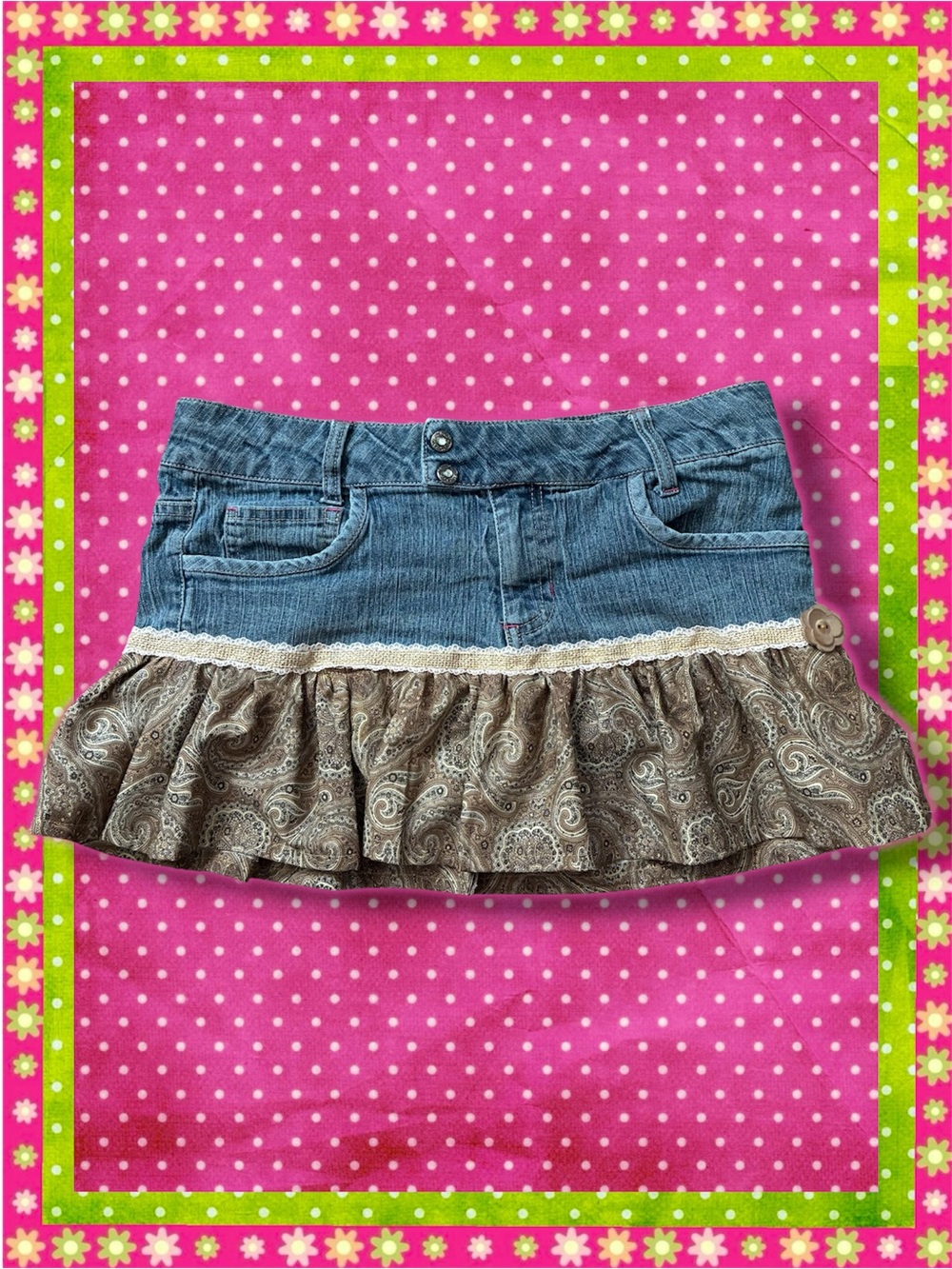 Canyon River Blues Blue Denim Mini Skirt with Brown Paisley Ruffle